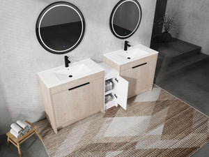 English Elm 84 Inch Freestanding Bathroom Vanity with Integrated Resin Sink, Soft-Close Doors, Shelves & Extra Storage Space Glossy White,Plain Light Oak W999S00320