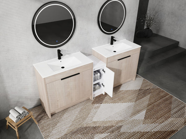 English Elm 84 Inch Freestanding Bathroom Vanity with Integrated Resin Sink, Soft-Close Doors, Shelves & Extra Storage Space Glossy White,Plain Light Oak W999S00320