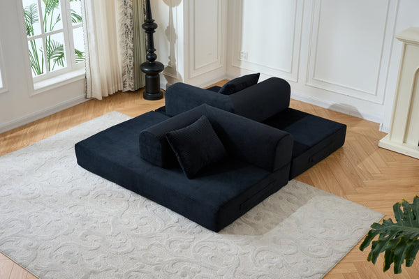 English Elm 59'' Corduroy Floor Sofa Convertible Sleeper with Bolster Pillow for Studio Living Black W3434P449858