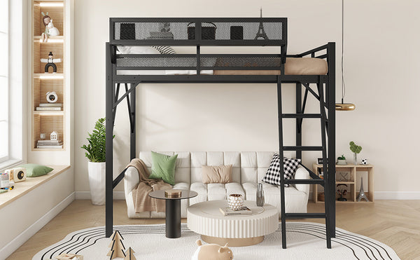 English Elm Queen Size Metal Loft Bed with Ladder and Built-In Storage Shelves, High Durable Black Frame, 400LB Capacity W2580P316650