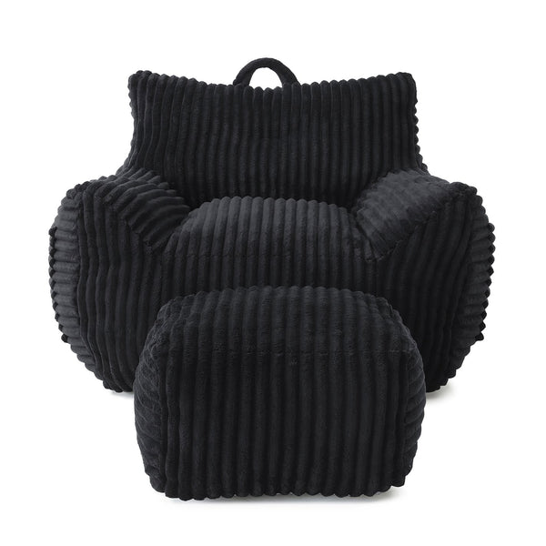 English Elm Giant Plush Bean Bag Chair with Armrests and Footstool for Ultimate Comfort, Durable Corduroy Lounge Sofa Black W1117P309394