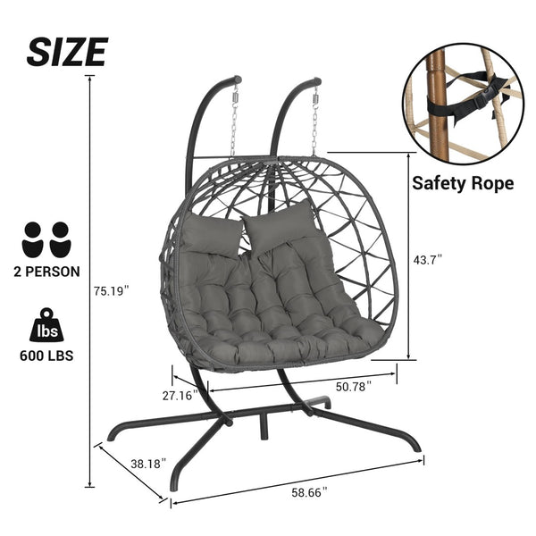 English Elm Double Hanging Egg Chair Wicker Freestanding Swing Seat for Patio Balcony Bedroom W874P270571