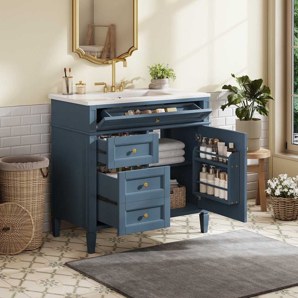 English Elm 36'' Bathroom Vanity With Sink, Modern Indigo Blue Storage Cabinet Featuring 3 Drawers & Adjustable Shelf N710P230246M