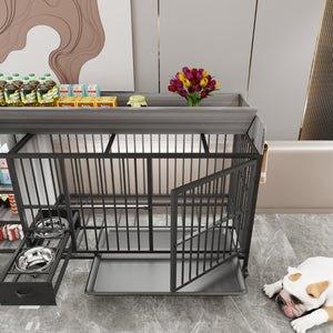 English Elm Large Iron Mdf Pet Enclosure with Storage Cabinet Rolling Casters and Steel Feeding Basins W3064P245385