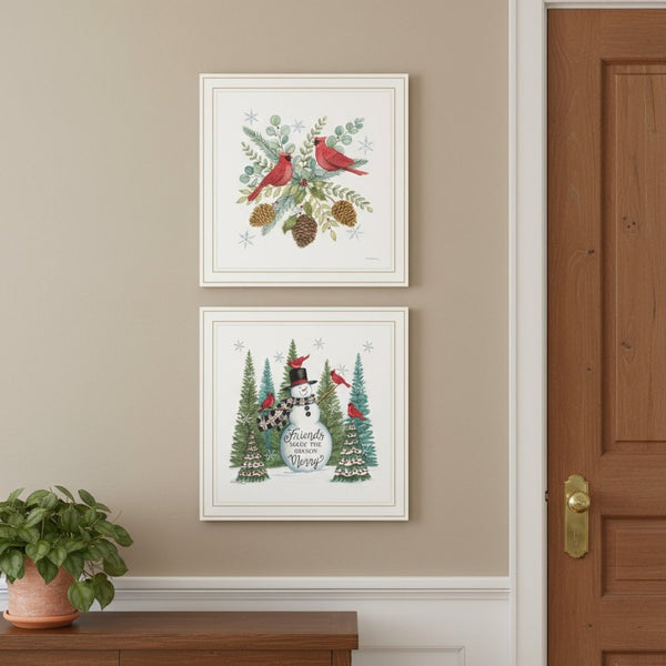 HomeRoots Set of Two Friends Festive White Framed Wall Art - Elegant Holiday Decor for Cozy Home Spaces 572008