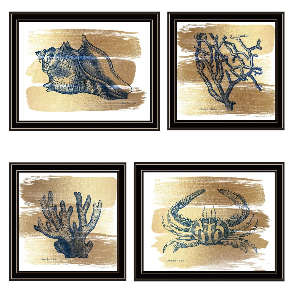 HomeRoots Set of Four Gold Sea Collection Framed Wall Art - Nautical Elegance for Home Décor & Display 572015