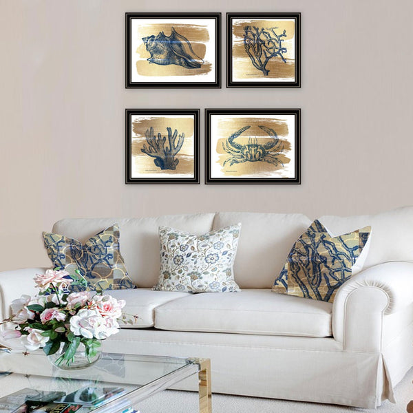HomeRoots Set of Four Gold Sea Collection Framed Wall Art - Nautical Elegance for Home Décor & Display 572015