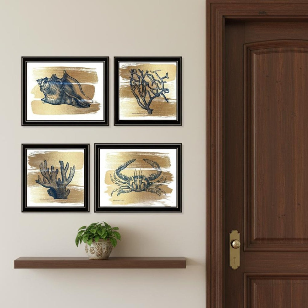 HomeRoots Set of Four Gold Sea Collection Framed Wall Art - Nautical Elegance for Home Décor & Display 572015