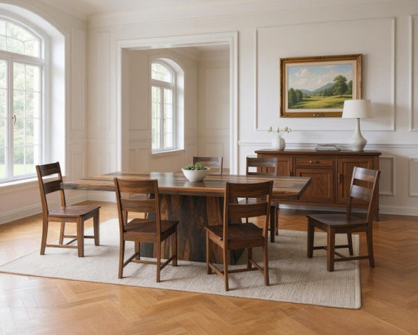 HomeRoots Seven Piece Solid Wood Dining Set with Dark Brown Finish & Six Elegant Ladder-Back Chairs 572073