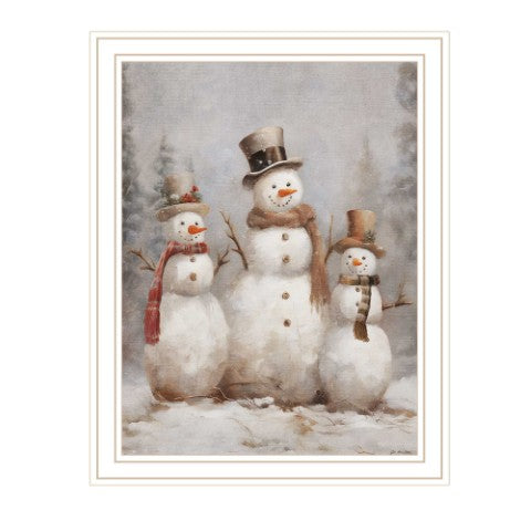 Homeroots Snowman Trio White Framed Wall Art - Festive Acrylic Painting For Chic Holiday Home Decor  Wood,Paper 572083