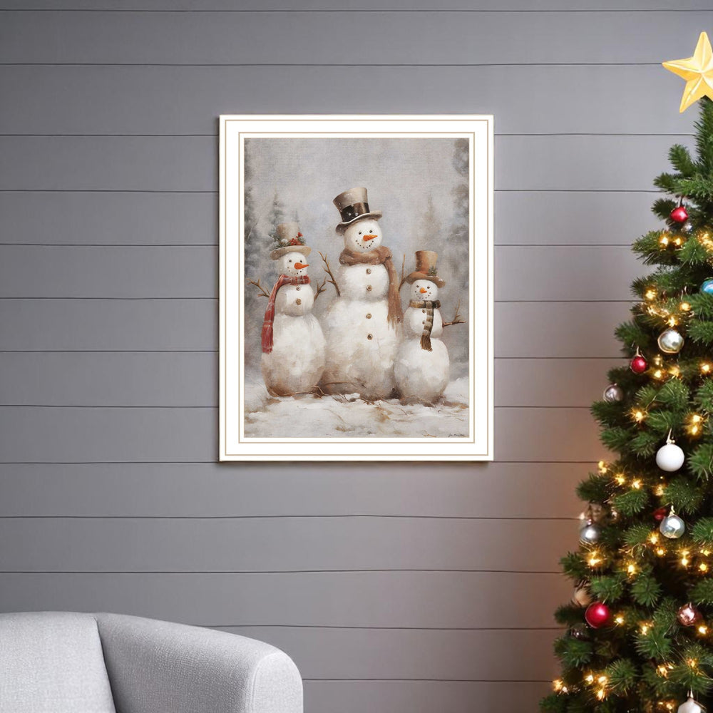 Homeroots Snowman Trio White Framed Wall Art - Festive Acrylic Painting For Chic Holiday Home Decor  Wood,Paper 572083