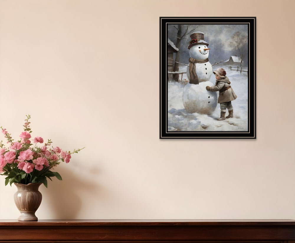 Homeroots Boy Building A Snowman Framed Wall Art - Festive Christmas Decor For A Cheerful Home Atmosphere!  Wood,Paper 572084