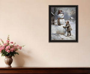Homeroots Boy Building A Snowman Framed Wall Art - Festive Christmas Decor For A Cheerful Home Atmosphere!  Wood,Paper 572084