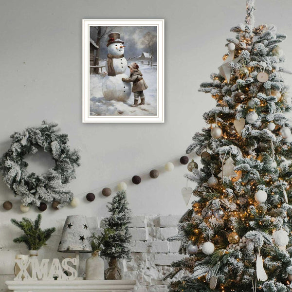 Homeroots Boy Building A Snowman - Charming White Framed Wall Art For Festive Holiday Home Decor 18"X14"  Wood,Paper 572085