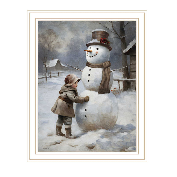 Homeroots Boy Building A Snowman - Charming White Framed Wall Art For Festive Holiday Home Decor 18"X14"  Wood,Paper 572085