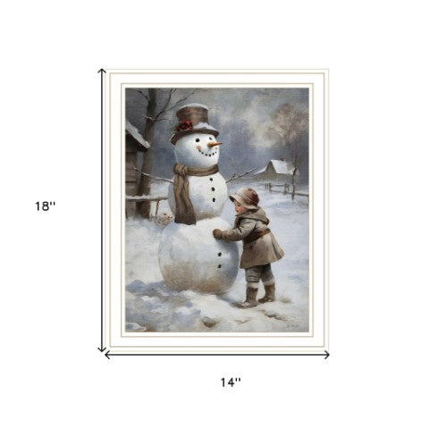 Homeroots Boy Building A Snowman - Charming White Framed Wall Art For Festive Holiday Home Decor 18"X14"  Wood,Paper 572085