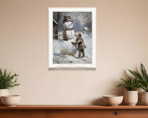 Homeroots Boy Building A Snowman - Charming White Framed Wall Art For Festive Holiday Home Decor 18"X14"  Wood,Paper 572085