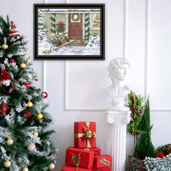 Homeroots Decorated Holiday Porch Black Framed Wall Art - Festive Acrylic Painting For Stylish Home Decor  Wood,Paper 572091