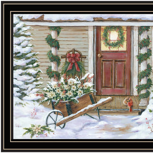 Homeroots Decorated Holiday Porch Black Framed Wall Art - Festive Acrylic Painting For Stylish Home Decor  Wood,Paper 572091