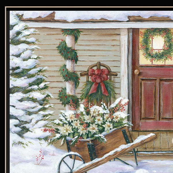 Homeroots Decorated Holiday Porch Black Framed Wall Art - Festive Acrylic Painting For Stylish Home Decor  Wood,Paper 572091