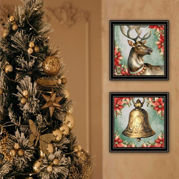 HomeRoots Set of Two Framed Reindeer & Bell Wall Art - Rustic Elegance for Holiday & Year-Round Decor 572097