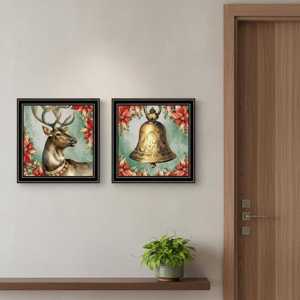 HomeRoots Set of Two Framed Reindeer & Bell Wall Art - Rustic Elegance for Holiday & Year-Round Decor 572097