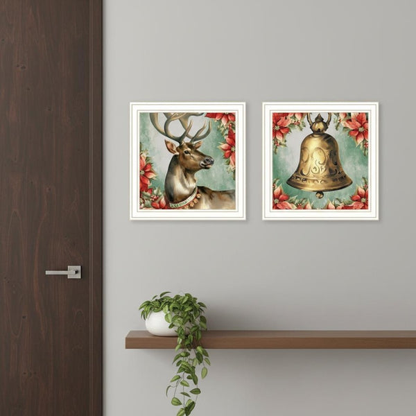 HomeRoots Set of Two Framed Old World Reindeer and Bell Wall Art – Timeless Holiday Decor for Every Room 572098