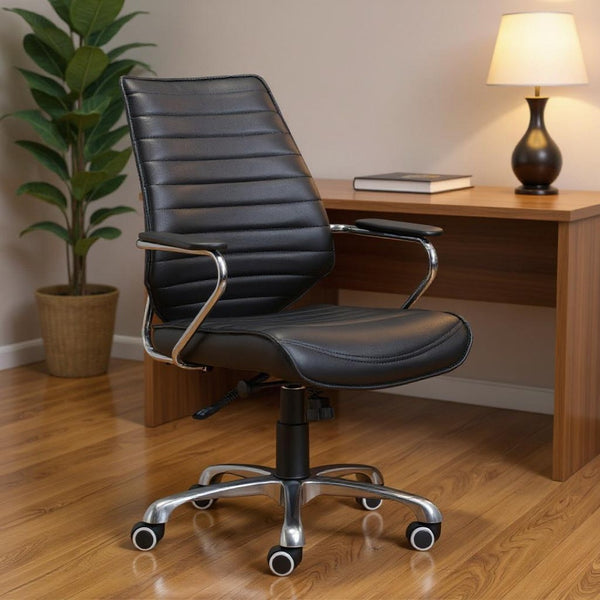 HomeRoots Black Adjustable Height Swivel Rolling Office Chair - Ergonomic Faux Leather, Modern Style & Comfort! 572165