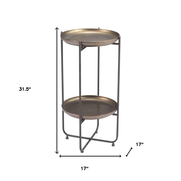HomeRoots 32" Modern Round Pedestal End Table in Bronze and Gray Steel - Chic Accent for Small Spaces 572180