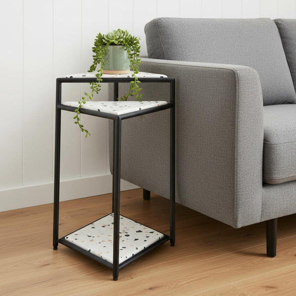 HomeRoots 20" Modern Black and White Pedestal End Table - Chic Triangular Design for Stylish Small Spaces 572182