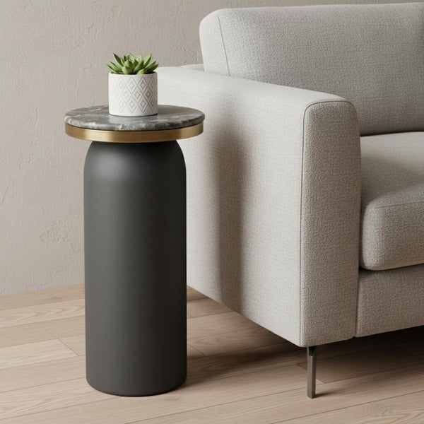 HomeRoots 24" Black Wood End Table - Modern Pedestal Design with Marble Top for Stylish Living Room Accents 572186