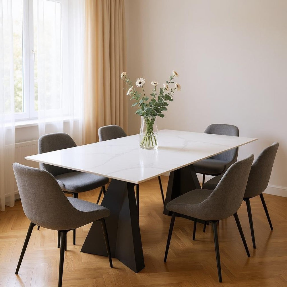 HomeRoots 79" Modern White Marbleized Sintered Stone Dining Table with Black Steel Pedestal Base for Elegance 572189