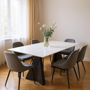 HomeRoots 79" Modern White Marbleized Sintered Stone Dining Table with Black Steel Pedestal Base for Elegance 572189