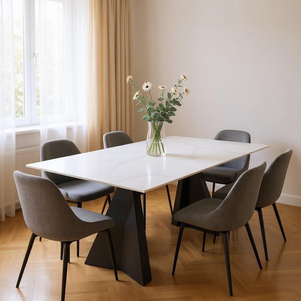 HomeRoots 79" Modern White Marbleized Sintered Stone Dining Table with Black Steel Pedestal Base for Elegance 572189