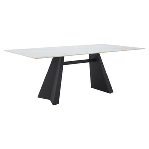 HomeRoots 79" Modern White Marbleized Sintered Stone Dining Table with Black Steel Pedestal Base for Elegance 572189