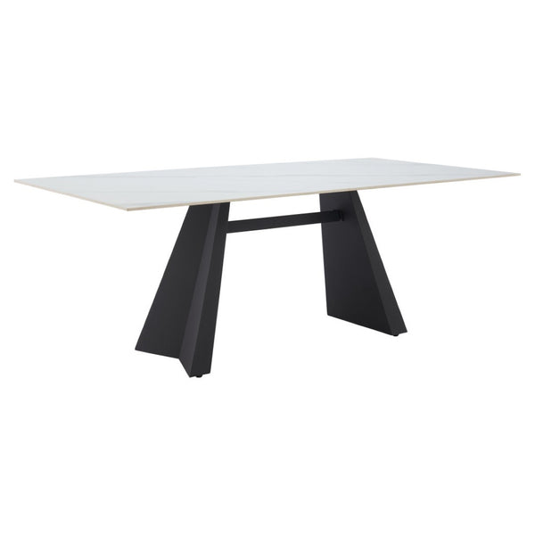 HomeRoots 79" Modern White Marbleized Sintered Stone Dining Table with Black Steel Pedestal Base for Elegance 572189
