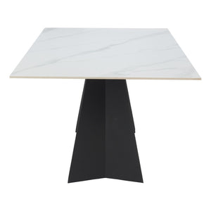 HomeRoots 79" Modern White Marbleized Sintered Stone Dining Table with Black Steel Pedestal Base for Elegance 572189