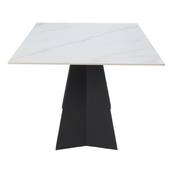 HomeRoots 79" Modern White Marbleized Sintered Stone Dining Table with Black Steel Pedestal Base for Elegance 572189