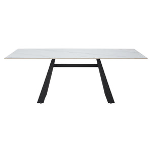 HomeRoots 79" Modern White Marbleized Sintered Stone Dining Table with Black Steel Pedestal Base for Elegance 572189