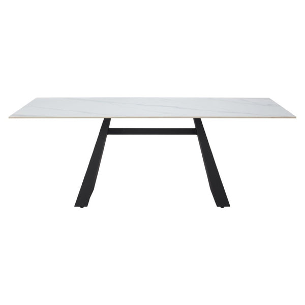 HomeRoots 79" Modern White Marbleized Sintered Stone Dining Table with Black Steel Pedestal Base for Elegance 572189