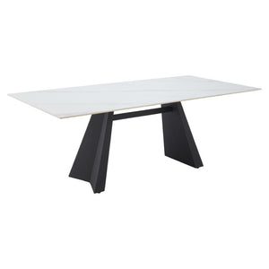 HomeRoots 79" Modern White Marbleized Sintered Stone Dining Table with Black Steel Pedestal Base for Elegance 572189