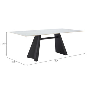 HomeRoots 79" Modern White Marbleized Sintered Stone Dining Table with Black Steel Pedestal Base for Elegance 572189