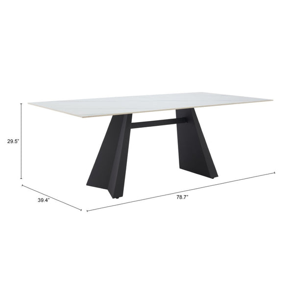 HomeRoots 79" Modern White Marbleized Sintered Stone Dining Table with Black Steel Pedestal Base for Elegance 572189