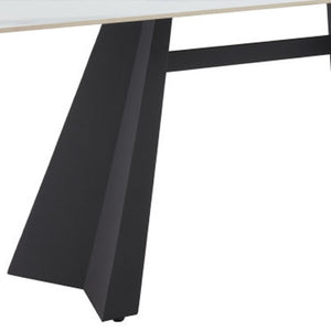 HomeRoots 79" Modern White Marbleized Sintered Stone Dining Table with Black Steel Pedestal Base for Elegance 572189