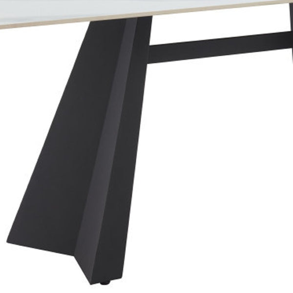 HomeRoots 79" Modern White Marbleized Sintered Stone Dining Table with Black Steel Pedestal Base for Elegance 572189