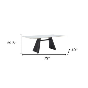HomeRoots 79" Modern White Marbleized Sintered Stone Dining Table with Black Steel Pedestal Base for Elegance 572189