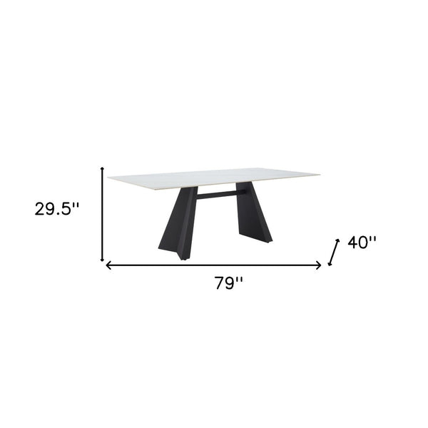 HomeRoots 79" Modern White Marbleized Sintered Stone Dining Table with Black Steel Pedestal Base for Elegance 572189