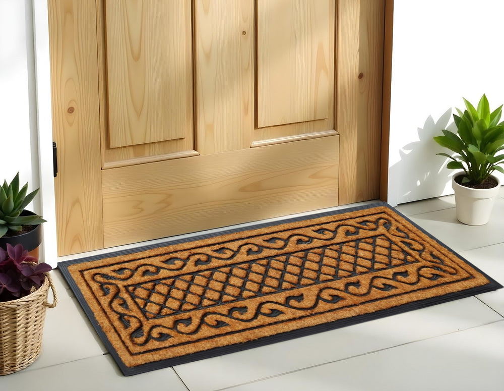 Homeroots 18" X 47" Beige And Black Rubber And Coir Outdoor Door Mat   572199