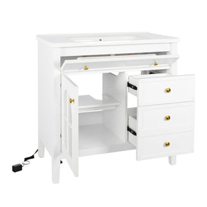 English Elm 35.6" Freestanding Bathroom Vanity with Roman Column Base and Ceramic Integrated Sink White W1801S00011
