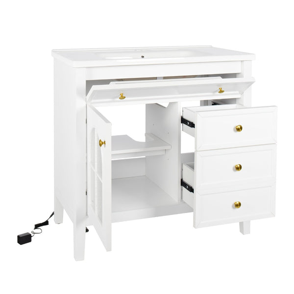 English Elm 35.6" Freestanding Bathroom Vanity with Roman Column Base and Ceramic Integrated Sink White W1801S00011